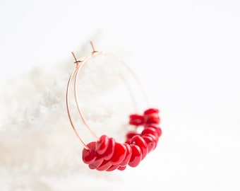 Red Coral Hoop Earrings Rose Gold Brass Modern Hoops Beach style Jewelry minimal chic