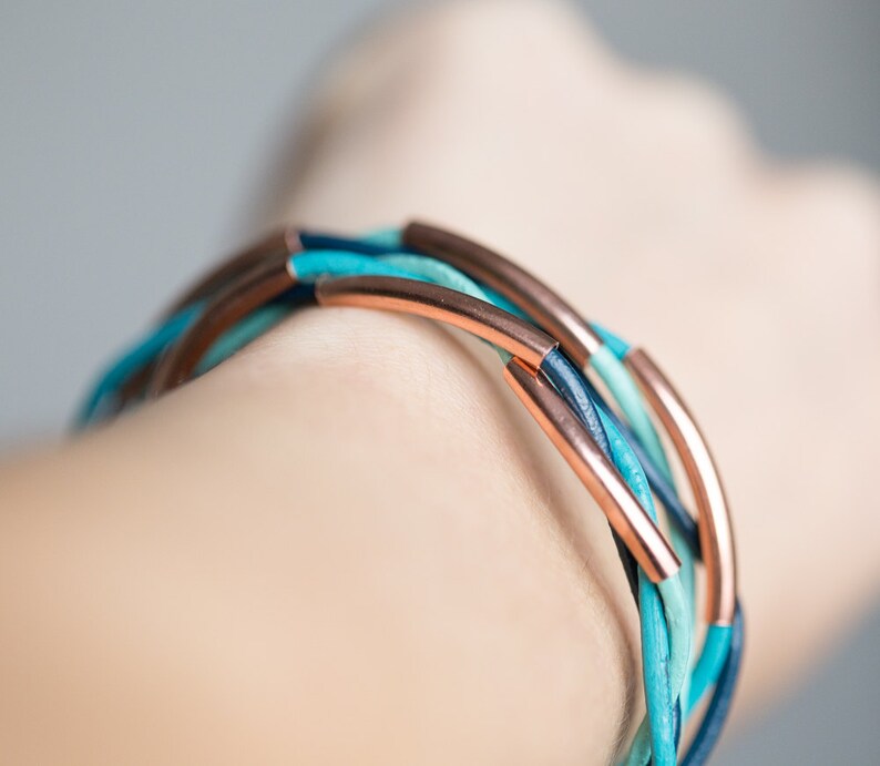 Rose Gold Mint Teal Turquoise Blue Double Wrap Bracelet Braided Leather Modern beach jewelry image 5