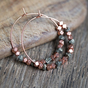 Pyrite Hoop Earrings Rose Gold Brass Modern boho Jewelry rough pyrite hoops minimal chic image 5