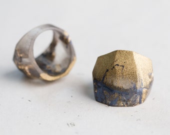 Gold Stardust Blue Ring Statement Cocktail hypoallergenic Resin Ring OOAK