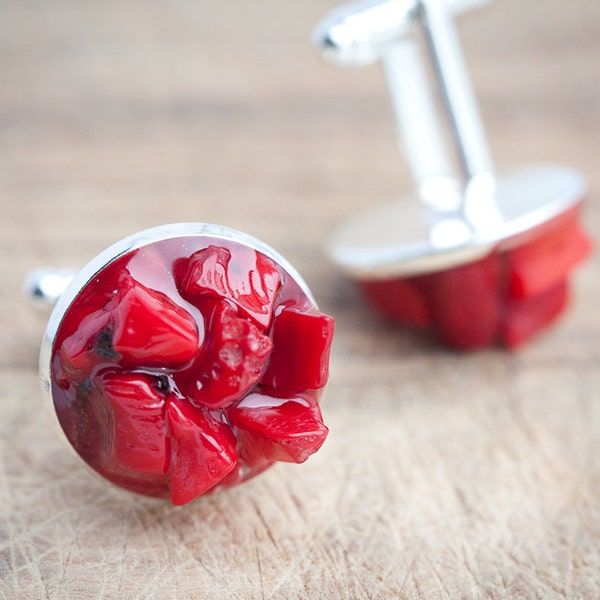 Red Coral Men Cufflinks OOAK rough coral tribal cuff links for him rustic groomsmen