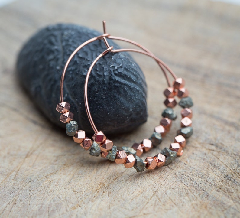 Pyrite Hoop Earrings Rose Gold Brass Modern boho Jewelry rough pyrite hoops minimal chic image 2