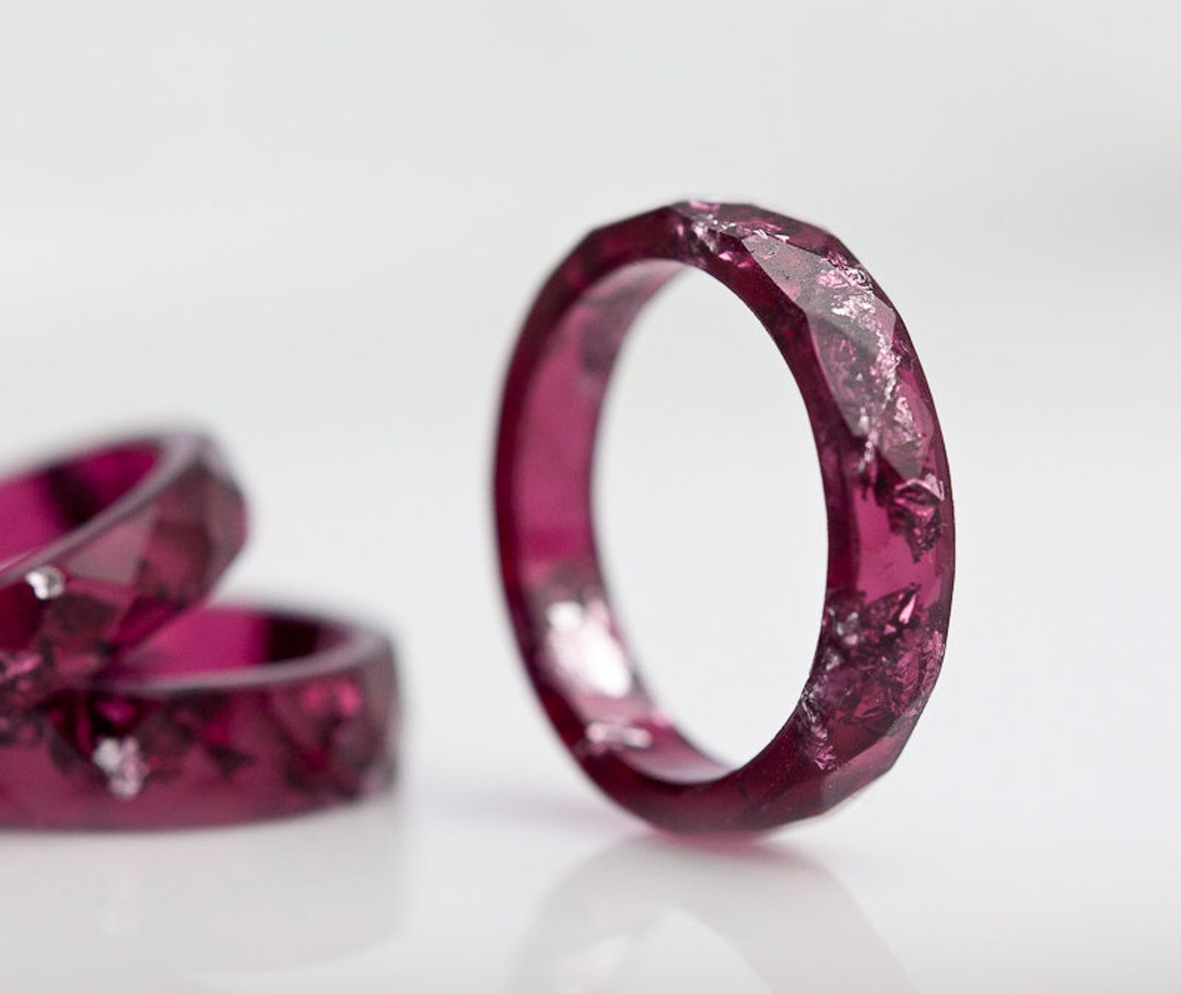 Deep Purple Resin Ring: Faceted Stacking Ring With Silver Flakes - Etsy