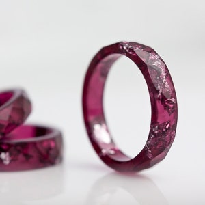 Deep Purple Resin Ring Stacking Ring Silver Flakes Small Faceted Ring OOAK dark burgundy acai