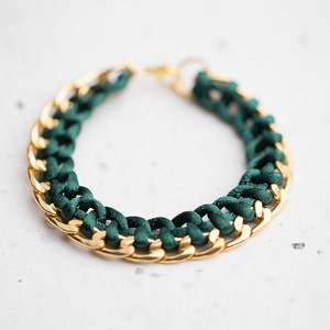 Emerald Chain Braided Bracelet Dark Teal Green Cord friendship silver gold bracelet Modern minimalist jewelry image 2