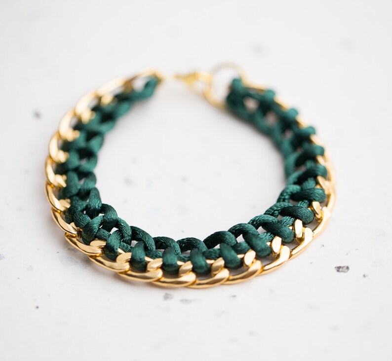 Emerald Chain Braided Bracelet Dark Teal Green Cord friendship silver gold bracelet Modern minimalist jewelry image 2