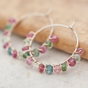 Hoop Earrings Rainbow Tourmaline Luxury 14K Gold wire wrapped beaded hoops watermelon tourmaline multicolor image 3