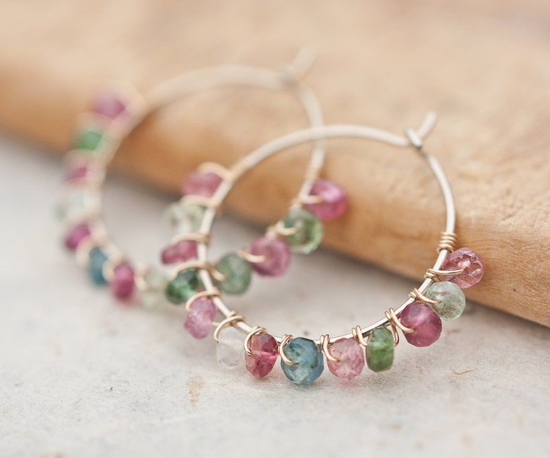 Hoop Earrings Rainbow Tourmaline Luxury 14K Gold wire wrapped beaded hoops watermelon tourmaline multicolor image 3