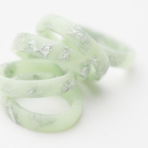 Pastel Resin Ring Lucite Green Stacking Ring Silver Flakes Faceted Ring OOAK mint green wedding jewelry minimal chic