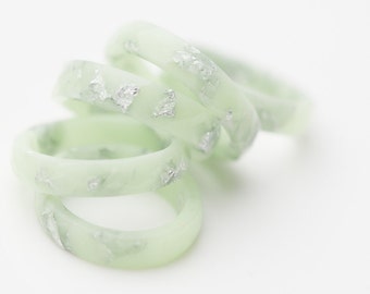 Mint Green Resin Ring: Silver Flakes, Stacking Jewelry