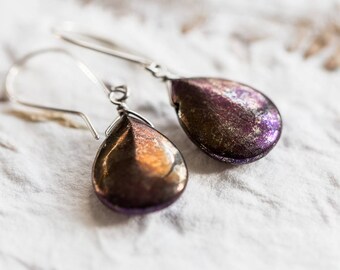 Sterling Silver Earrings Titanuim Pyrite Teardrop Rainbow Purple Blue Argentium sterling silver bridal jewelry