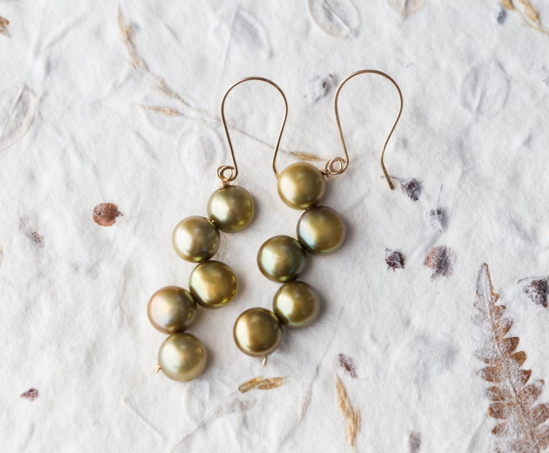 Willow Green Pearl Dangle Earrings 14K gold filled Olive Khaki bridesmaid jewelry weddings june birthstone image 1