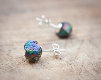 Dainty Druzy Stud Earrings Titanium Peacock raw rainbow Post studs