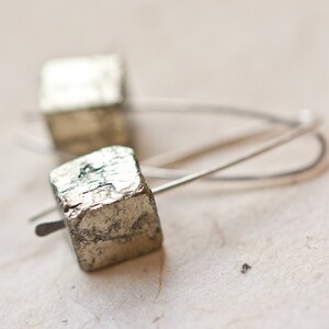 Modern Hook Earrings Argentuim Sterling Silver Golden Pyrite Cube Handmade Urban Minimalism Geometric Jewelry minimal chic image 4