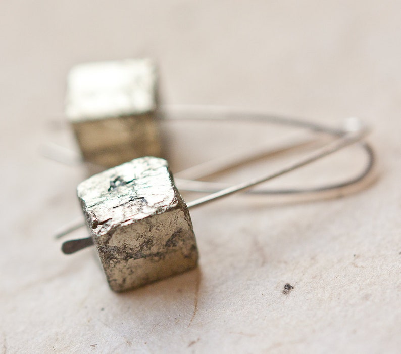 Modern Hook Earrings Argentuim Sterling Silver Golden Pyrite Cube Handmade Urban Minimalism Geometric Jewelry minimal chic image 4