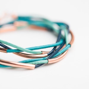 Rose Gold Mint Teal Turquoise Blue Double Wrap Bracelet Braided Leather Modern beach jewelry image 3