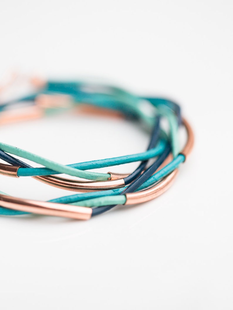 Rose Gold Mint Teal Turquoise Blue Double Wrap Bracelet Braided Leather Modern beach jewelry image 3