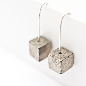 Modern Hook Earrings Argentuim Sterling Silver Golden Pyrite Cube Handmade Urban Minimalism Geometric Jewelry minimal chic image 1