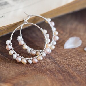 Hoop Earrings Pastel Pearls Argentium Sterling Silver peach june birthstone bridal fashion image 5