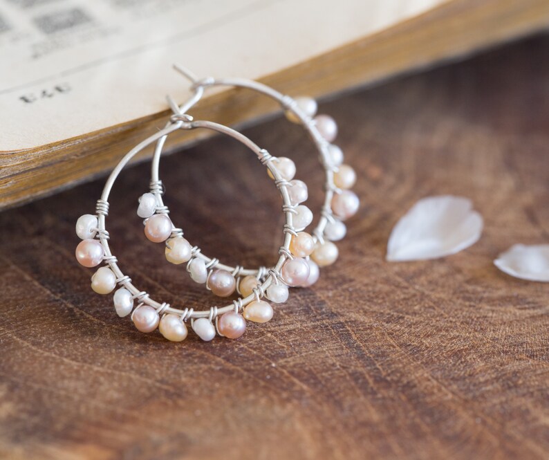 Hoop Earrings Pastel Pearls Argentium Sterling Silver peach june birthstone bridal fashion image 5