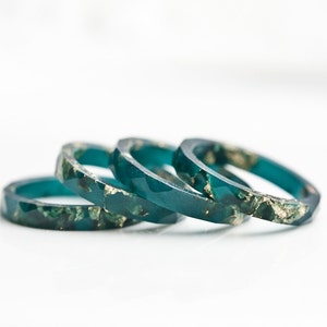 Teal Resin Stacking Ring Gold Flakes Thin Faceted Ring OOAK boho minimalist jewelry deep teal emerald image 3