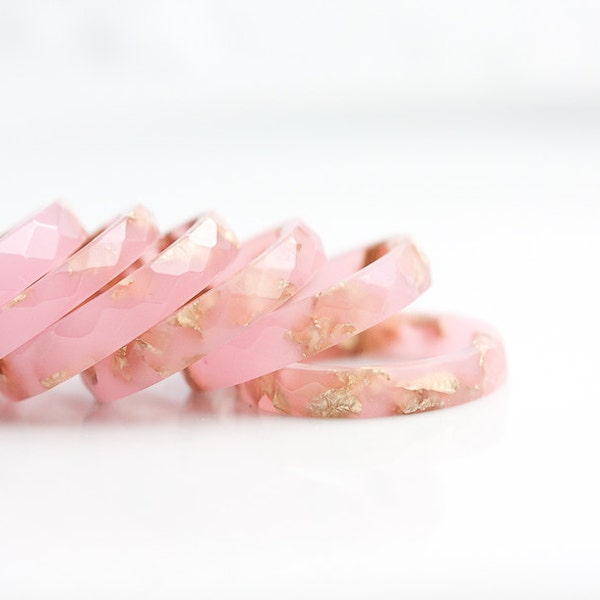 Resin Stacking Ring Baby Pink Yellow Gold Flakes Small Faceted Ring OOAK pastel peach pink minimalist jewelry rusteam