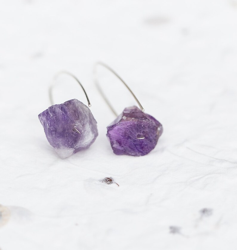 Raw Amethyst Modern Hook Earrings Argentuim Sterling Silver Handmade Summer Minimalist Jewelry minimal chic image 3