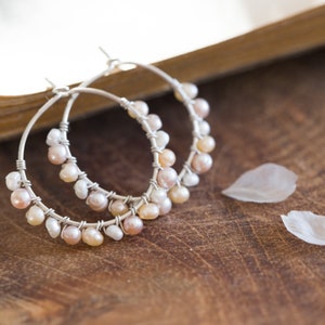 Hoop Earrings Pastel Pearls Argentium Sterling Silver peach june birthstone bridal fashion image 7
