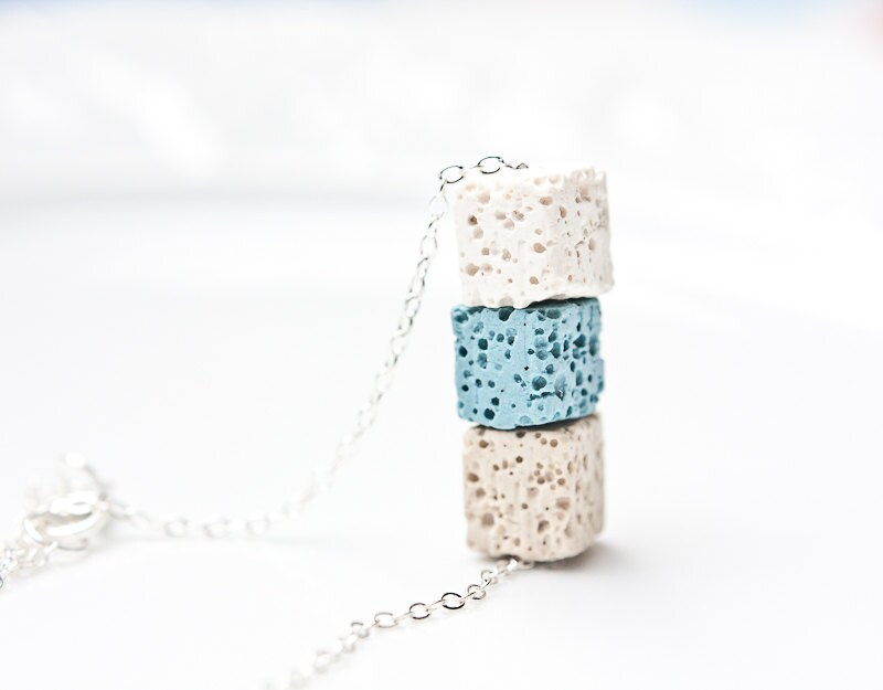 Necklace Lava Stone Cube Silver White Baby Blue Beige Modern Geometric Jewelry urban minimal chic