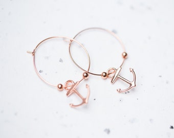 Anchor Hoops Earrings Rose Gold Brass Modern Nautical Jewelry Beach style minimal chic