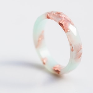 Pastel Mint Resin Ring Rose Gold Flakes Small Faceted Ring OOAK