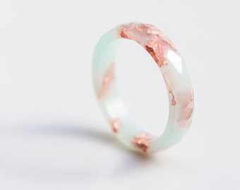 Pastel Mint Resin Ring Rose Gold Flakes Small Faceted Ring OOAK