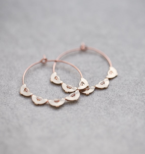 Boho Hoop Earrings Rose Gold Brass Scalloped Edge Hoops Modern Jewelry Bohemian style