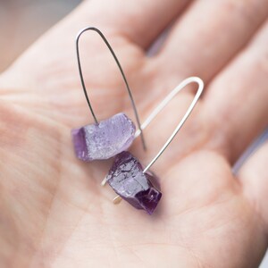 Raw Amethyst Modern Hook Earrings Argentuim Sterling Silver Handmade Summer Minimalist Jewelry minimal chic image 4