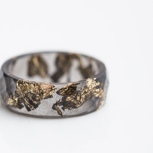 Black Resin Ring with Gold Flakes: Faceted OOAK Jewelry