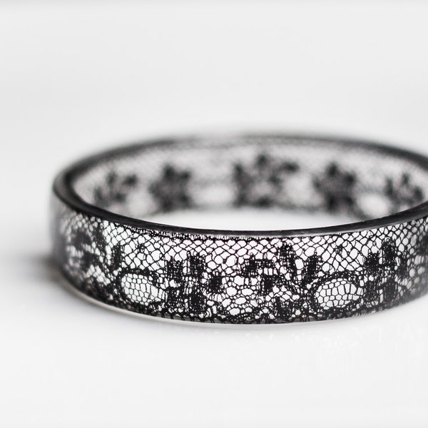 Black Lace Resin Bangle Bracelet Vintage French Lace Medium Cuff OOAK resin jewelry
