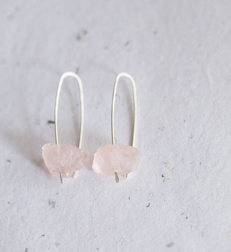 Raw Rose Quartz Modern Hook Earrings Argentuim Sterling Silver image 5
