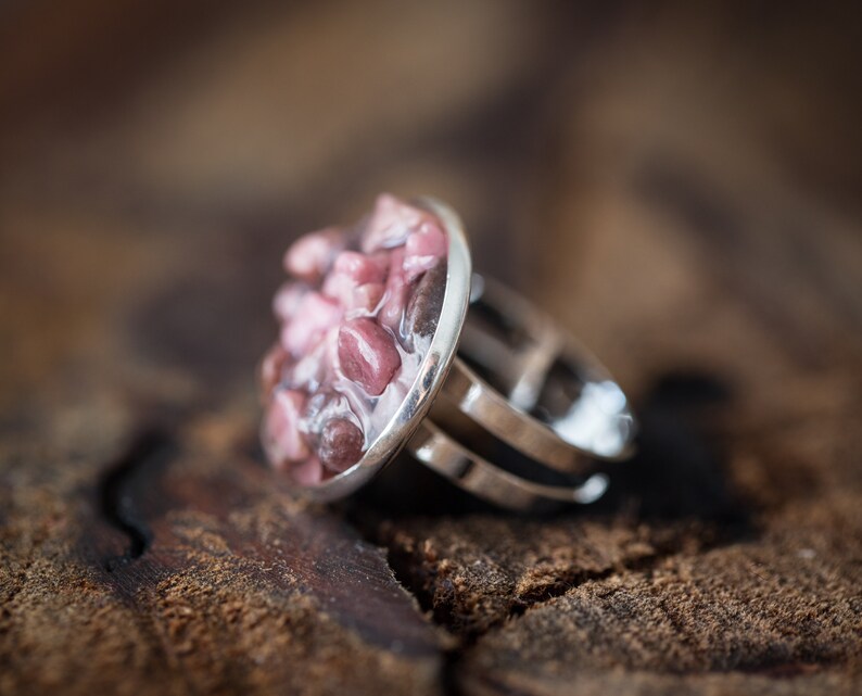 Raw Pink Rhodonite Ring Adjustable Statement Cocktail Ring OOAK Boho ...