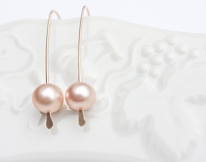 Modern Simple Earrings 14K Goldfilled Pastel Pearls Tea Rose Peach image 1