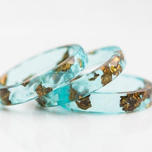 Mint Resin Ring Gold Flakes Small Faceted Stacking Ring OOAK pastel mint ring aqua brown minimalist jewelry image 5