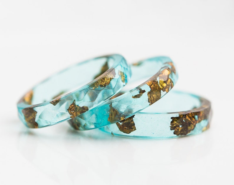 Mint Resin Ring Gold Flakes Small Faceted Stacking Ring OOAK pastel mint ring aqua brown minimalist jewelry image 5