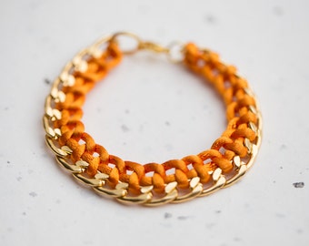 Gold Chain Braided Bracelet Orange Cord friendship bracelet Modern minimalist jewelry cinnamon