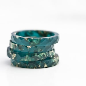 Teal Resin Stacking Ring Gold Flakes Thin Faceted Ring OOAK boho minimalist jewelry deep teal emerald image 5