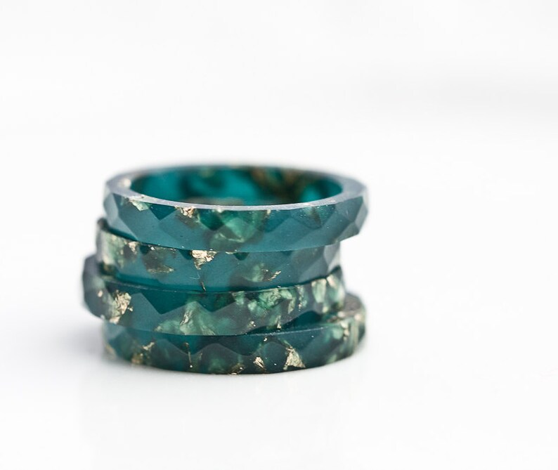 Teal Resin Stacking Ring Gold Flakes Thin Faceted Ring OOAK boho minimalist jewelry deep teal emerald image 5