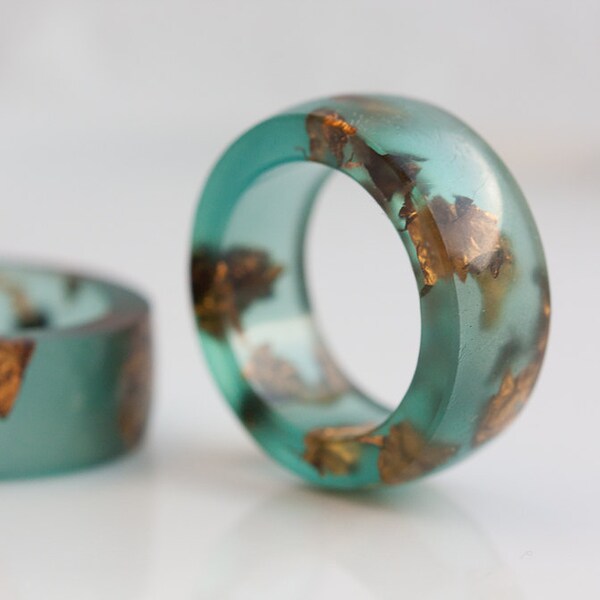 Teal Green Resin Ring Copper Gold Big Size 12 and 13 Smooth Ring OOAK mint green brown eco friendly modern resin jewelry