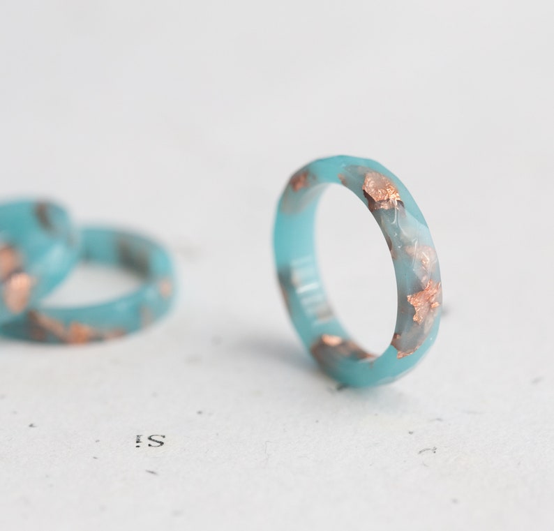 Something Blue Resin Ring Rose Gold Flakes Hypoallergenic Ring OOAK image 4