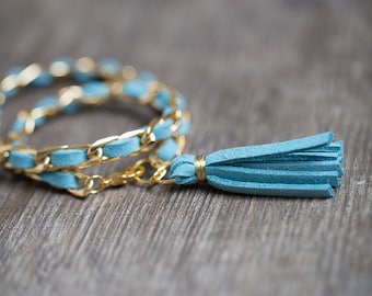 Double Wrap Tassel Bracelet Gold Chain Mint Turquoise