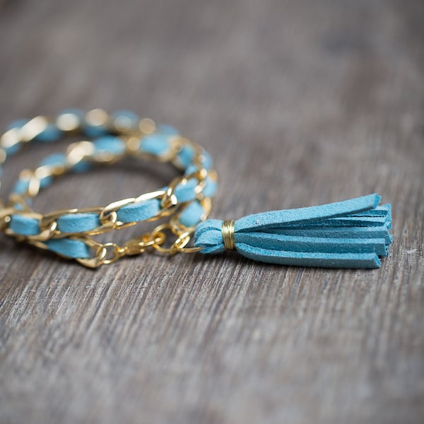 Double Wrap Tassel Bracelet Gold Chain Mint Turquoise