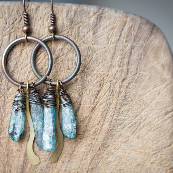 Long Dangle Earrings Blue Kyanite Copper Brass Boho earrings Sticks Rustic Tribal Woodland