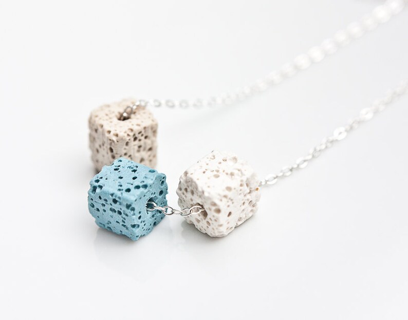 Necklace Lava Stone Cube Silver White Baby Blue Beige Modern Geometric Jewelry urban minimal chic image 3